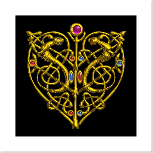 HYPER VALENTINE / GOLD CELTIC HEART WITH LIZARDS IN BLACK Wall Art by BulganLumini